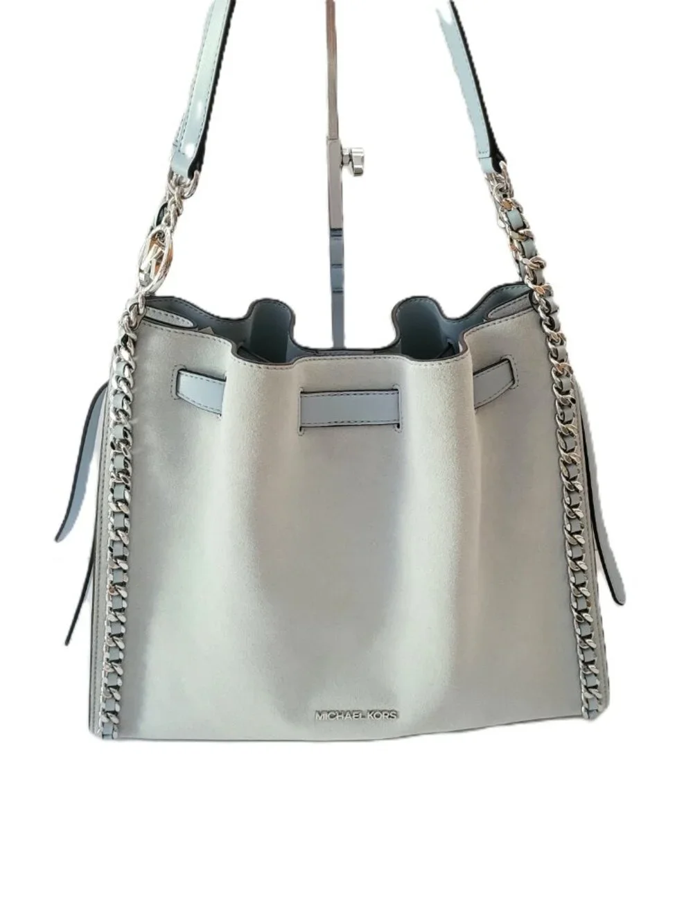 Michael Kors Mina Large Belted Chain Inlay Shoulder Bag Tote Pale Ocean Suede